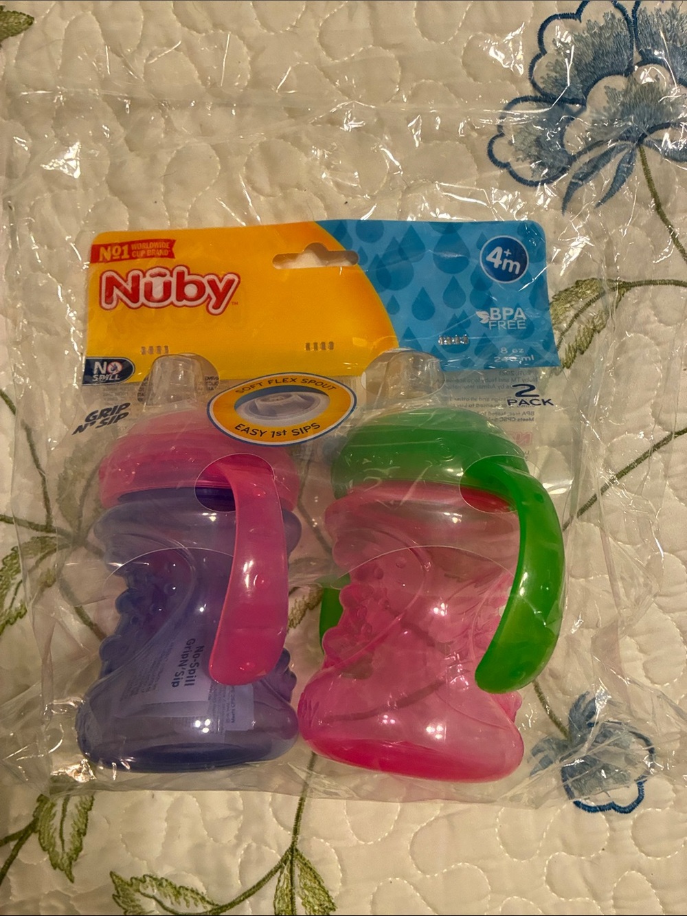 Nuby Toddler Easy Grip Sippy Cup Set - Pink, Purple, Green - 2 Pack 4 Months